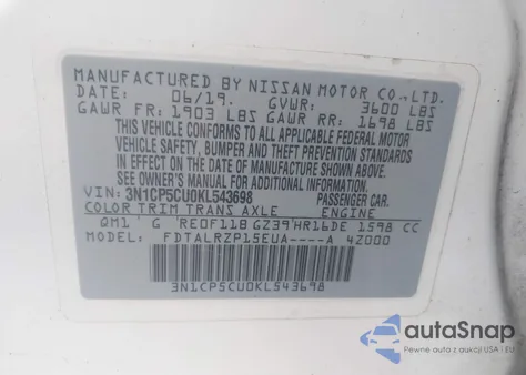 2019 Nissan Kicks S из США, поврежденный, VIN 3N1CP5CU0KL543698